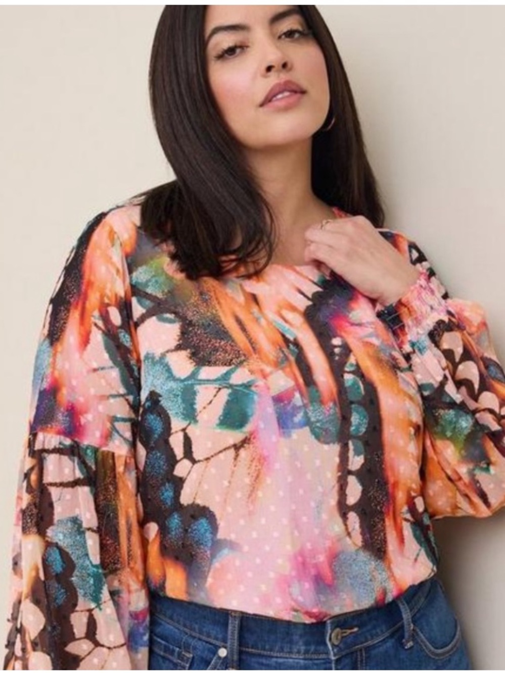 Torrid Chiffon Clip Dot Butterfly Blouse 1X Long Sleeve Blouson Orange Pink